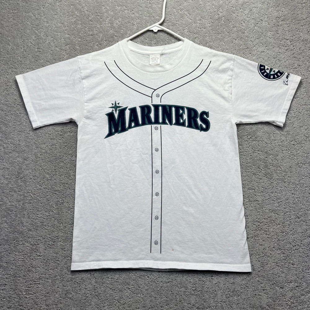 VINTAGE Seattle Mariners T-Shirt Size L White Baseball Jersey Print Rodriguez